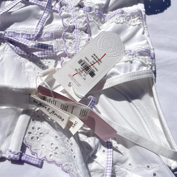 For Love & Lemons Swirl Eye Teddy 38C White Purple Eyelet Thong Lingerie Dainty - Picture 8 of 8